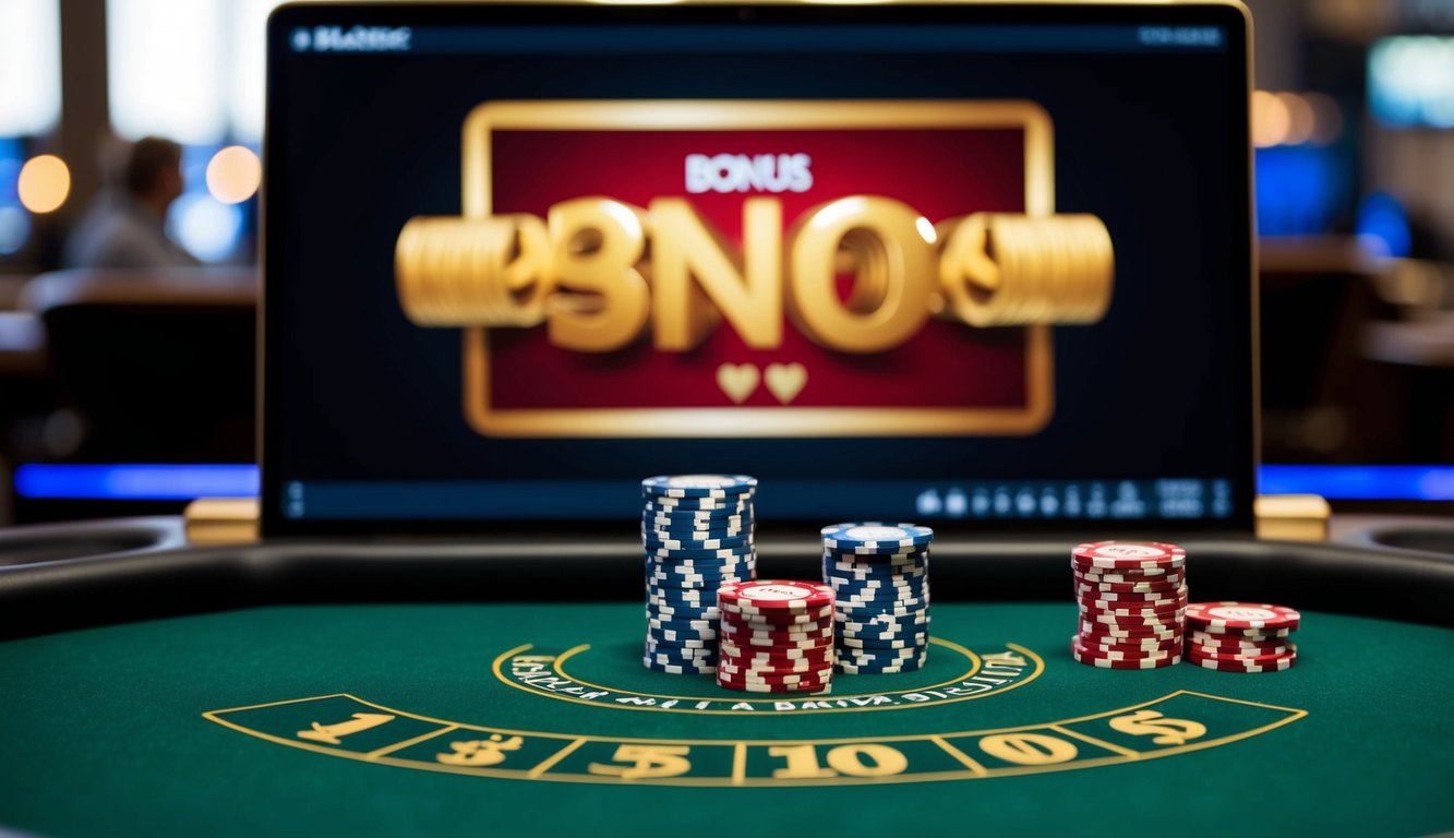 Sebuah meja blackjack virtual dengan bonus besar yang ditampilkan di layar