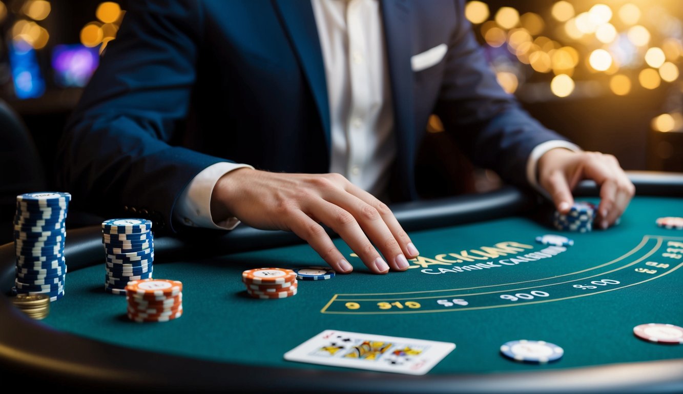 Sebuah meja blackjack online yang ramping dan modern dikelilingi oleh chip kasino virtual dan kartu, dengan suasana yang profesional dan mengundang