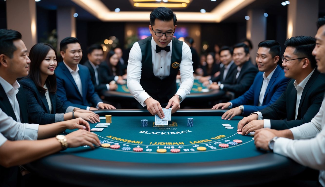 Sebuah meja blackjack yang ramping dan modern, dikelilingi oleh pemain Indonesia yang antusias, dengan dealer langsung profesional yang membagikan kartu.