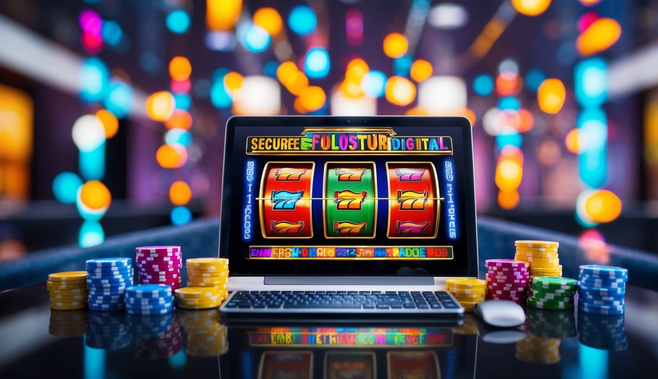 Sebuah mesin slot online yang berwarna-warni dan cerah dikelilingi oleh lingkungan digital yang aman dan terpercaya