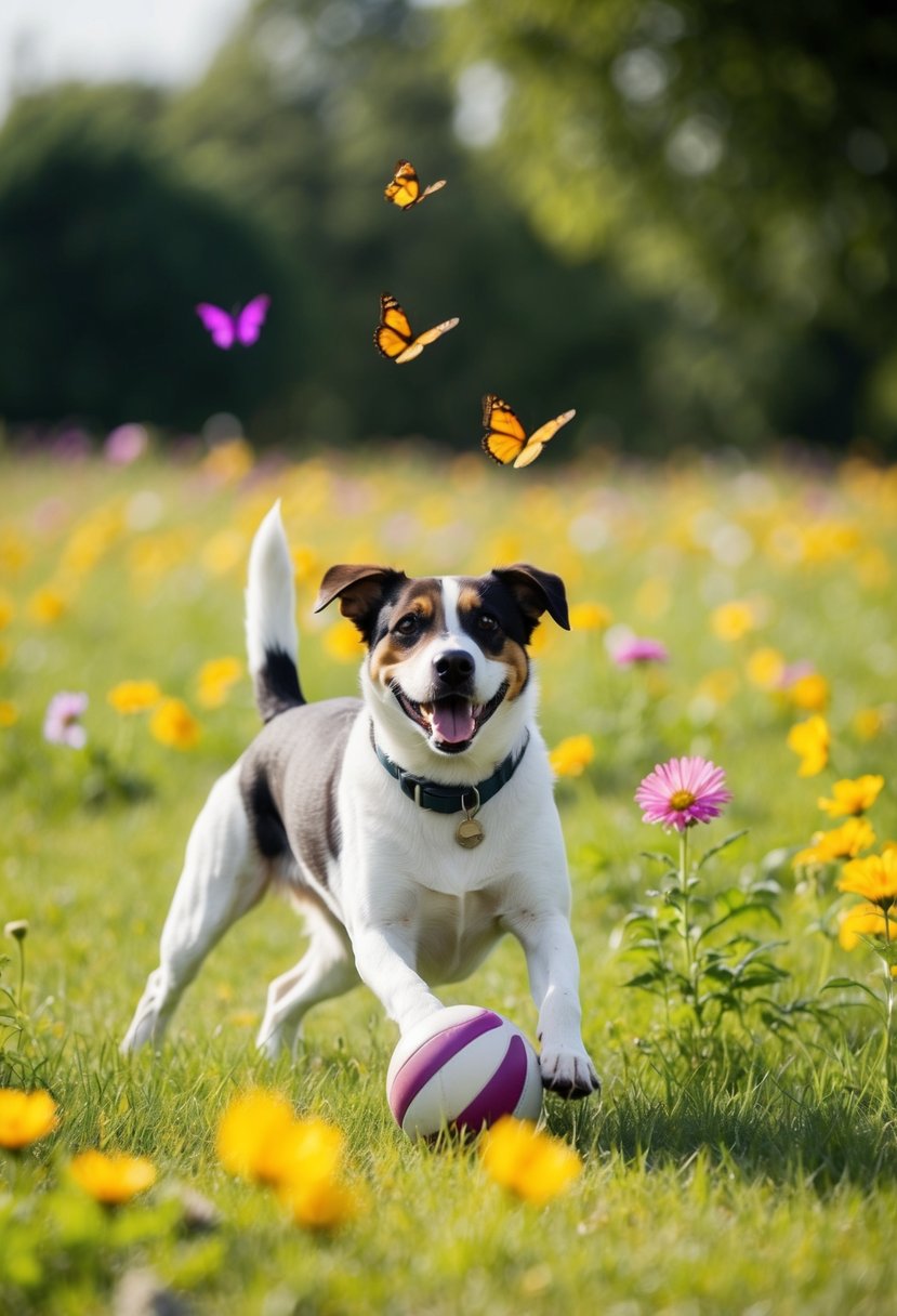 A happy dog playing with a ball in a grassy field, surrounded by flowers and butterflies