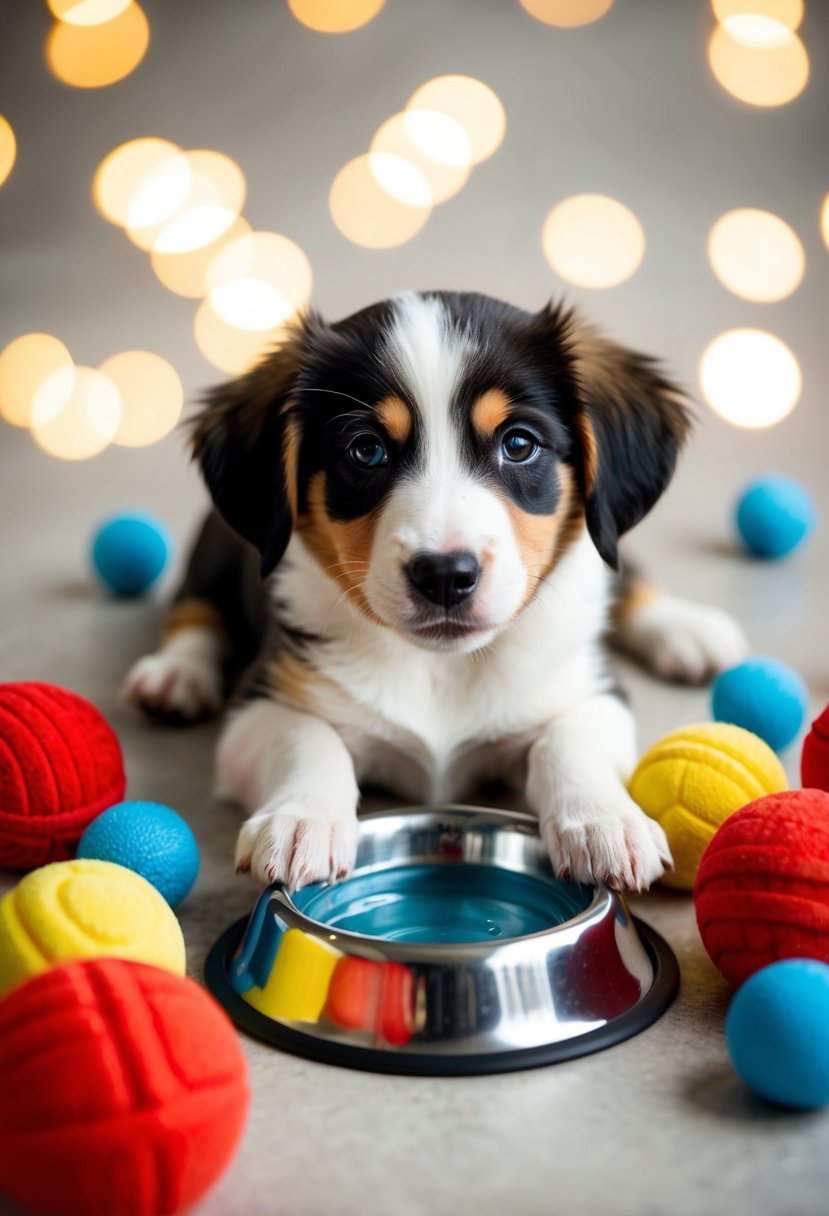 A playful puppy surrounded by toys and a water bowl