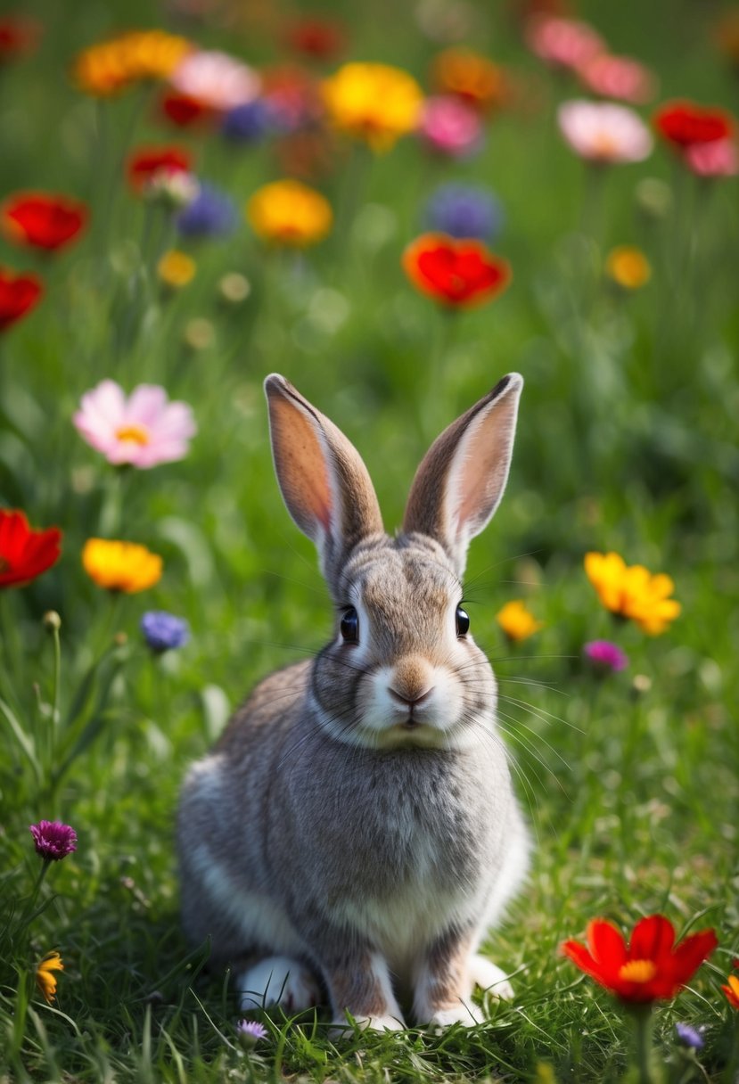 A cute rabbit sitting in a grassy field surrounded by colorful flowers