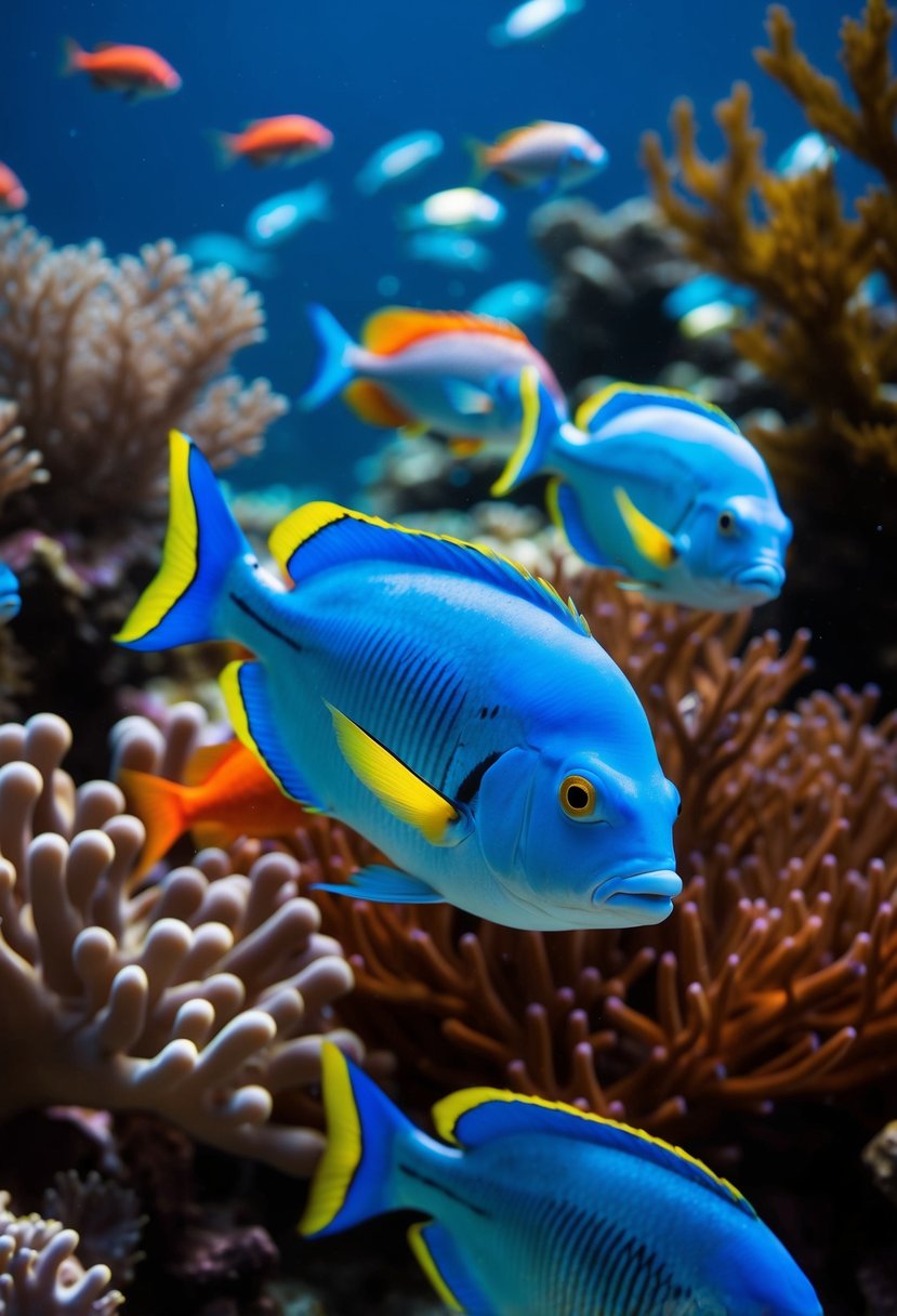 A colorful underwater scene with various fish swimming among coral and seaweed