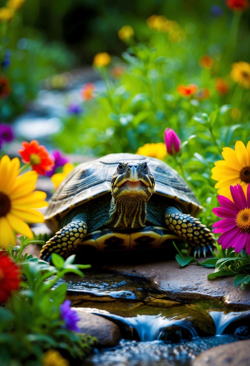 A happy turtle surrounded by colorful flowers and a flowing stream