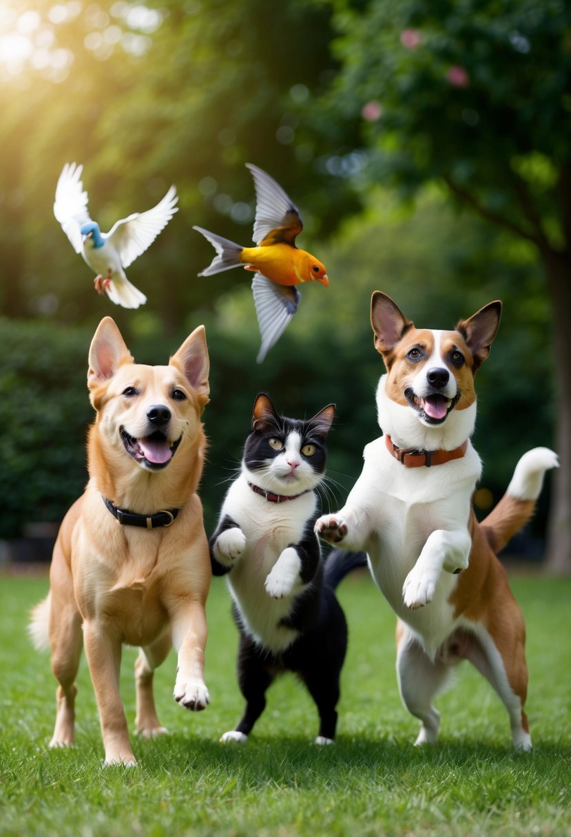 A variety of pets - dogs, cats, birds, fish, and more - playing together in a park or garden setting