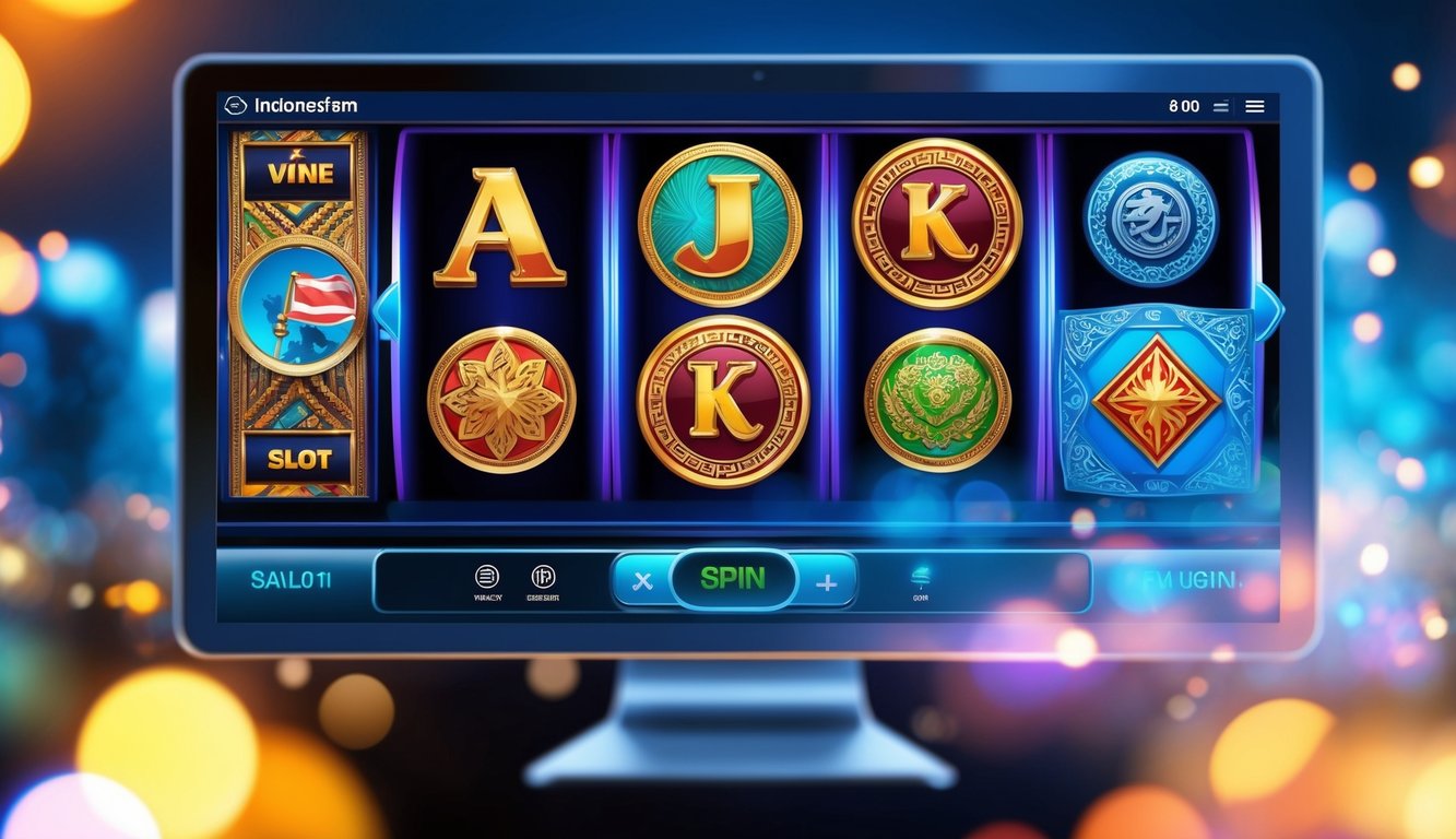 Antarmuka permainan slot online yang hidup dan modern dengan elemen dan simbol budaya Indonesia