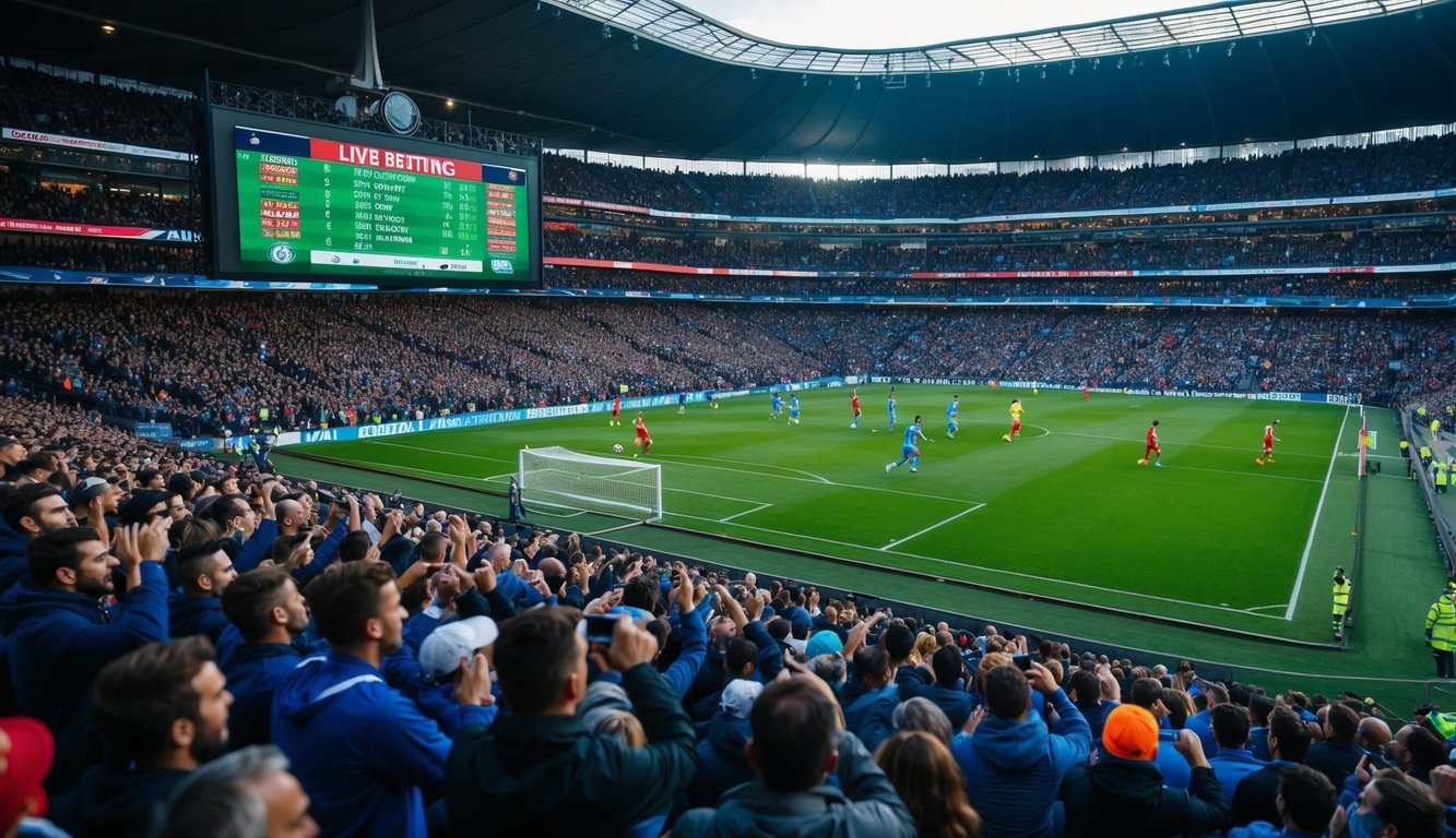 Sebuah stadion yang ramai dengan penggemar yang bersorak, lapangan sepak bola dengan pemain yang sedang beraksi, dan layar besar yang menampilkan peluang taruhan langsung.