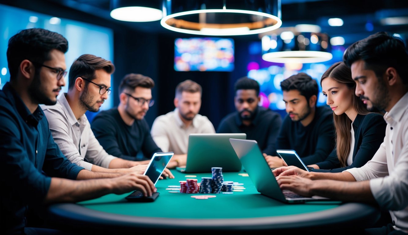 Sekelompok pemain poker yang beragam berkumpul di sekitar meja virtual, masing-masing dengan laptop atau perangkat seluler, fokus pada kartu dan chip mereka.