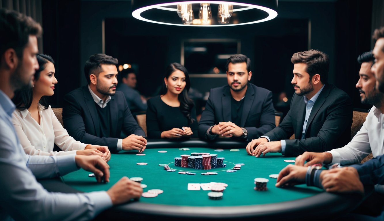 Sekelompok orang berkumpul di sekitar meja poker, dengan kartu dan chip tersebar di atas permukaan felt hijau. Ruangan itu diterangi dengan redup, dengan suasana tegang saat para pemain merencanakan strategi dan menggertak.