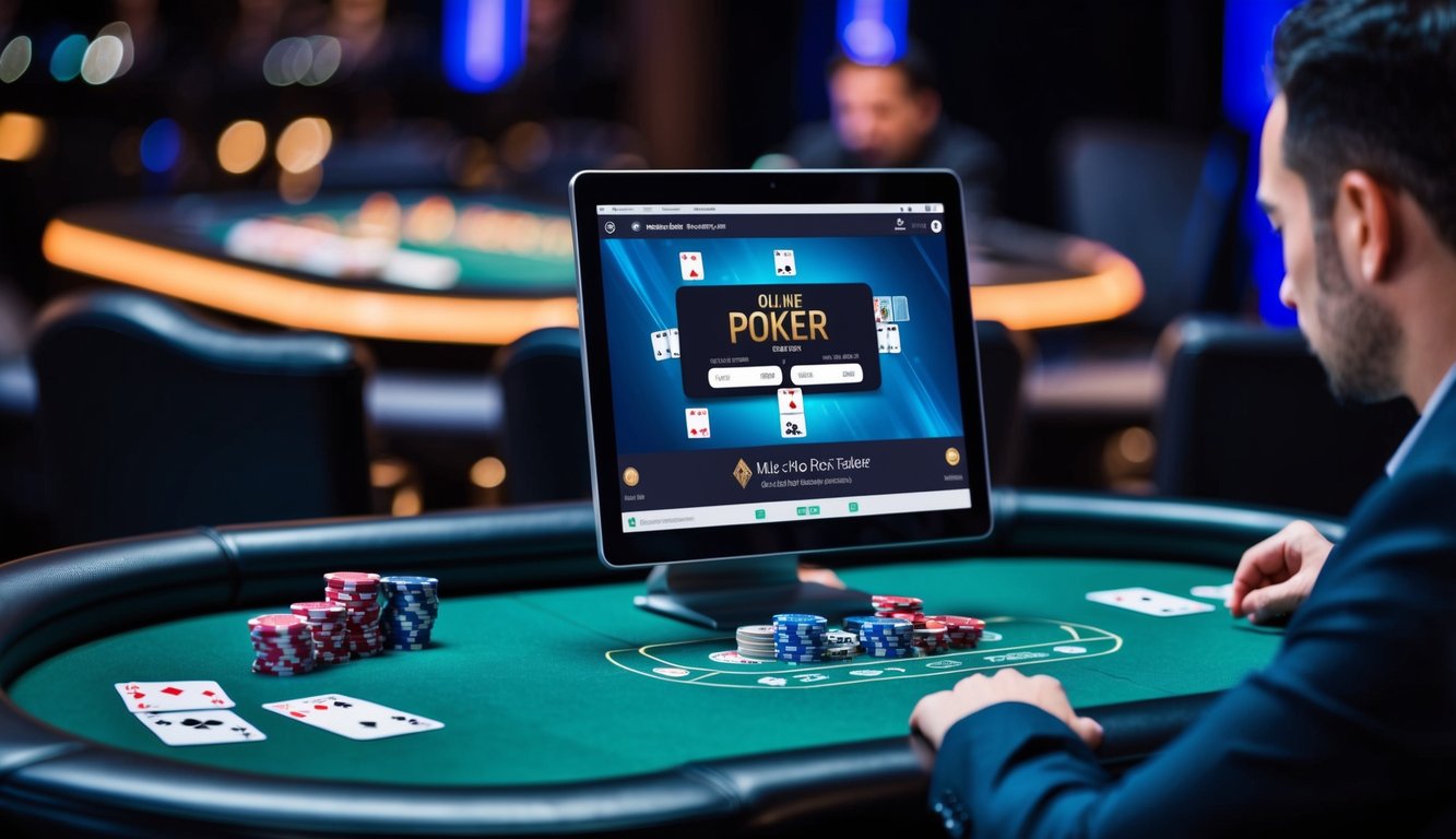 Sebuah meja poker dengan kartu dan chip, perangkat digital yang menampilkan permainan poker online, dan seorang pemain yang mempelajari strategi mereka