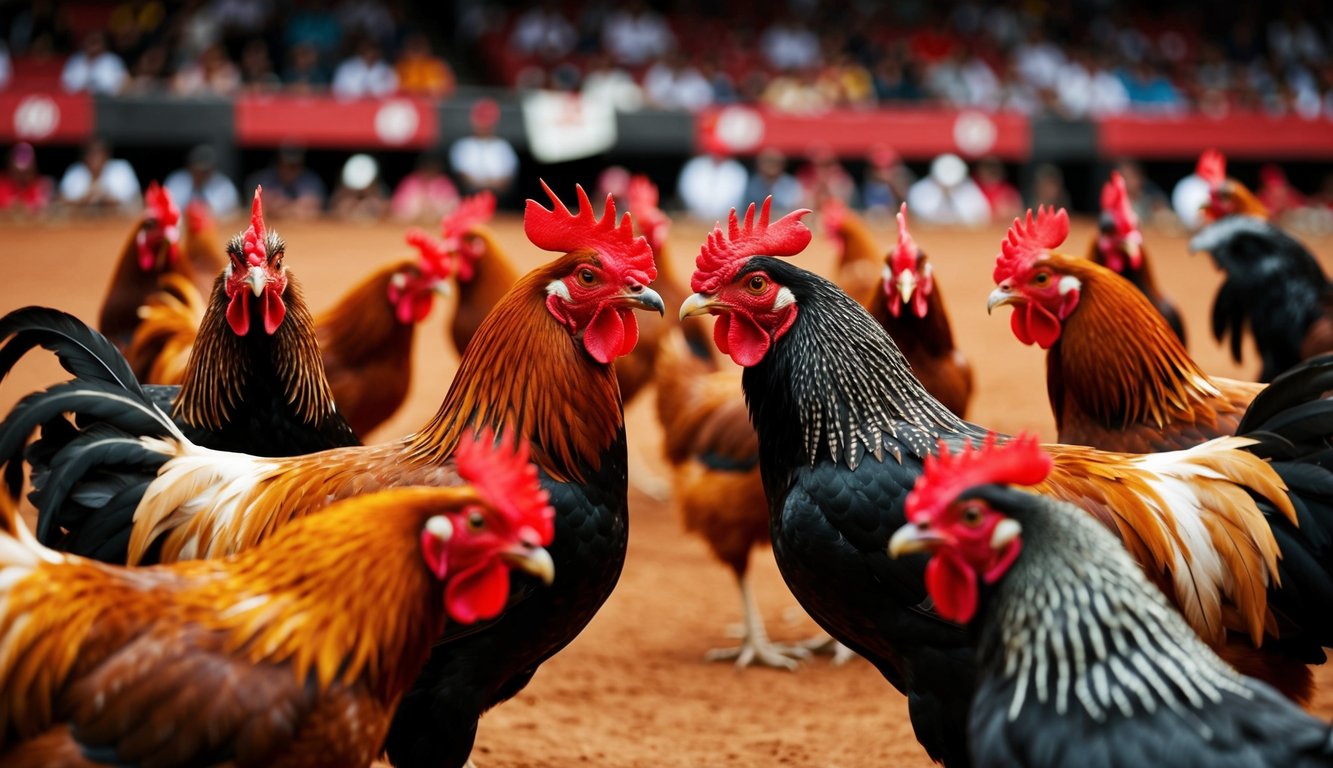 Sebuah arena yang ramai dengan ayam jantan yang saling berhadapan dalam pertandingan sabung ayam tradisional