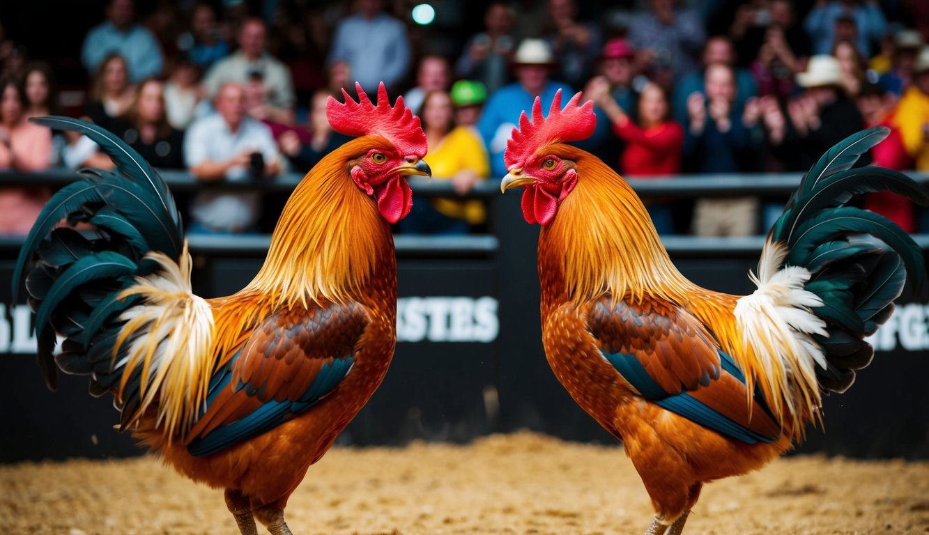 Dua ayam jantan berhadapan di arena yang ramai, bulu-bulu mereka berantakan, siap untuk bertarung. Penonton bersorak dan memasang taruhan di latar belakang.