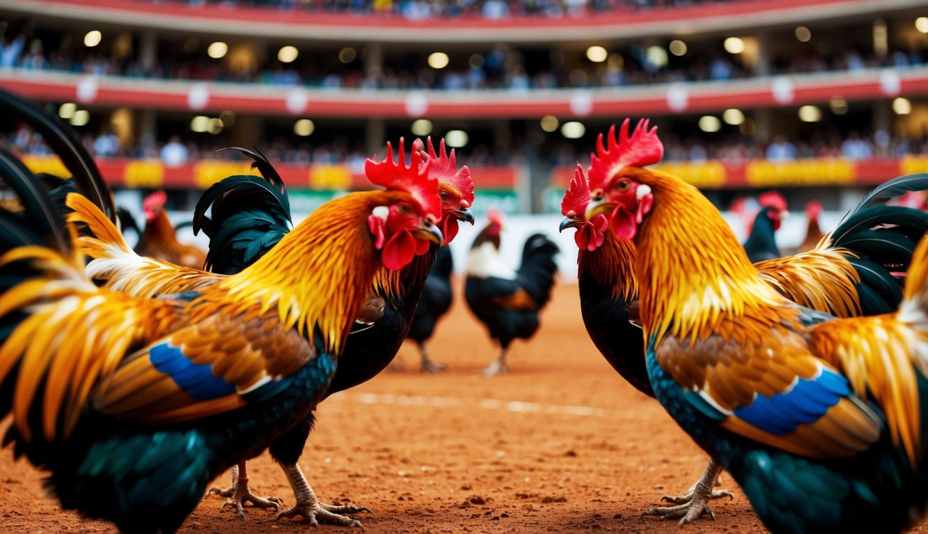 Sebuah arena yang ramai dengan ayam jantan berbulu warna-warni saling berhadapan dalam pertandingan sabung ayam yang hidup.