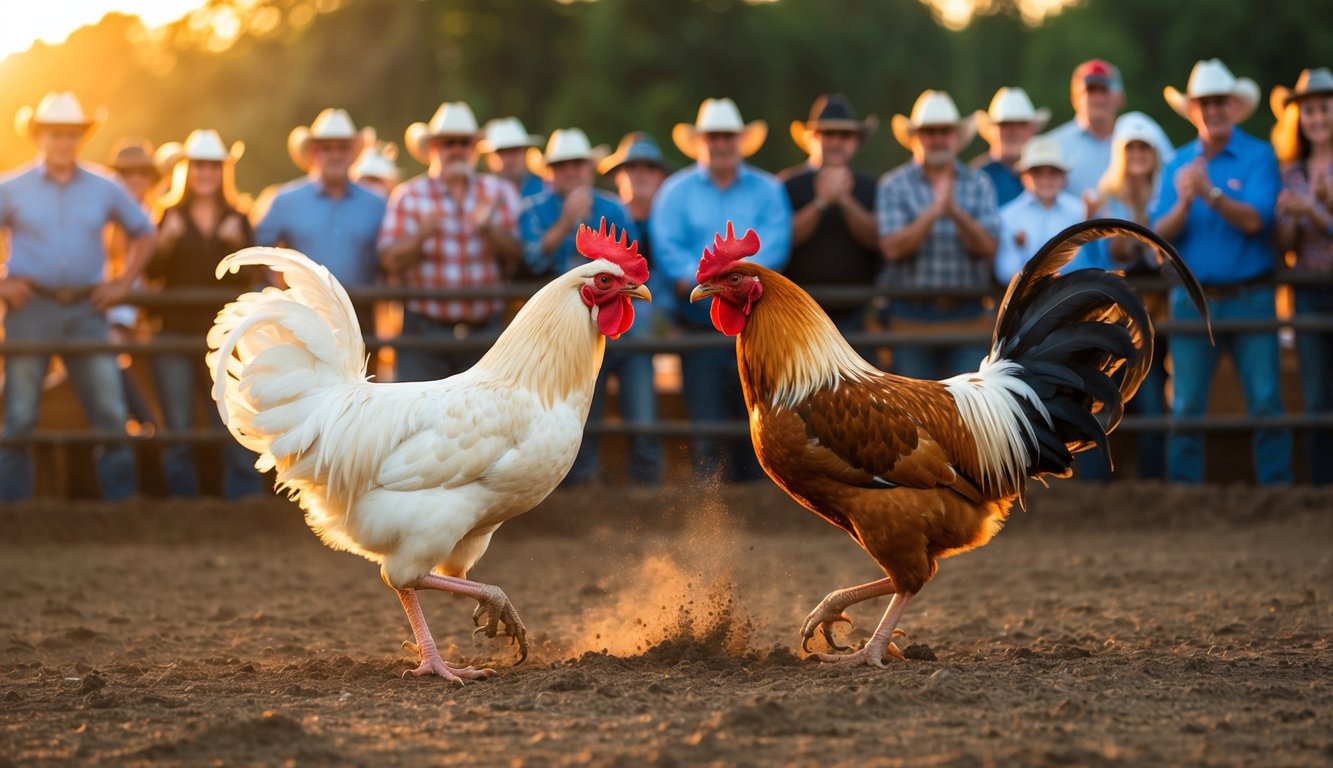 Dua ayam jantan berhadapan di sebuah lubang tanah yang dikelilingi oleh penonton yang bersorak. Matahari terbenam, memancarkan cahaya hangat di atas pertandingan yang intens.