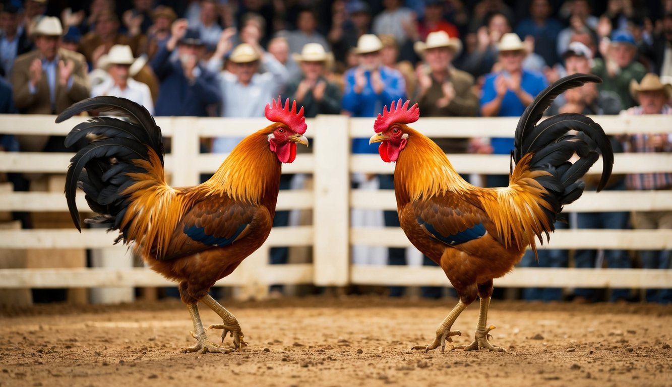 Dua ayam jantan berhadapan di arena tanah, bulu-bulu mereka mengembang, paruh terbuka dalam konfrontasi yang sengit. Sebuah kerumunan penonton mengelilingi ring, bersorak dan memasang taruhan.