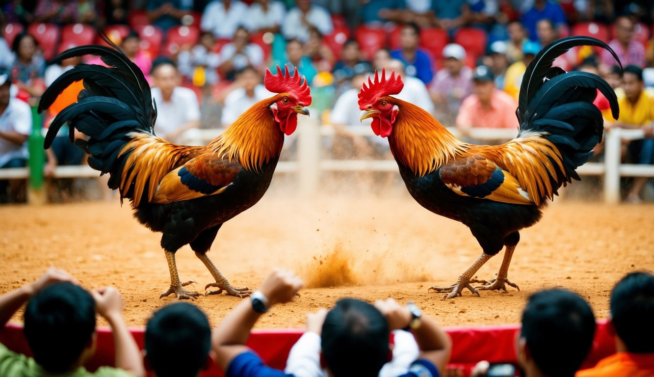 Sebuah arena yang ramai dengan dua ayam jantan yang berhadapan dalam pertandingan sabung ayam yang sengit, dikelilingi oleh penonton yang antusias.