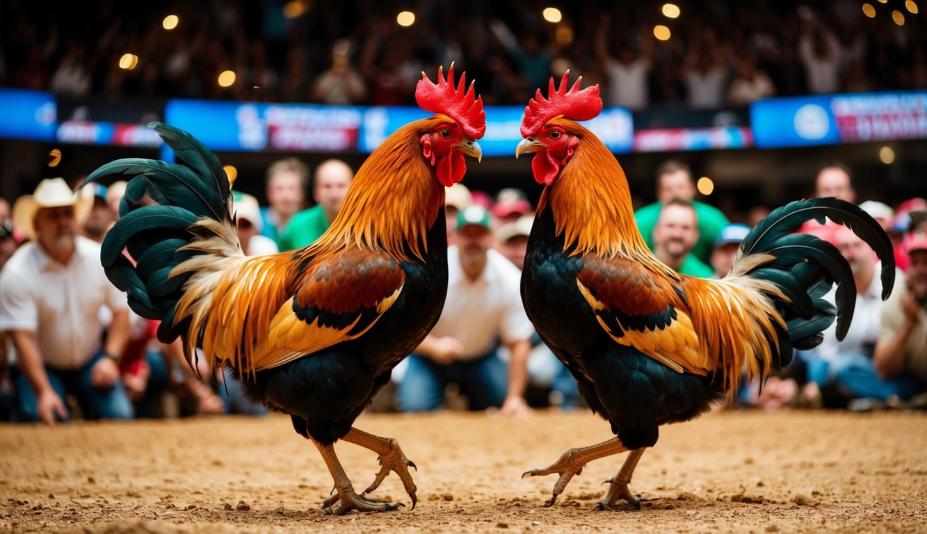 Sebuah arena yang ramai dengan dua ayam jantan terlibat dalam pertarungan sengit, dikelilingi oleh penonton yang bersorak-sorai dan suasana yang meriah