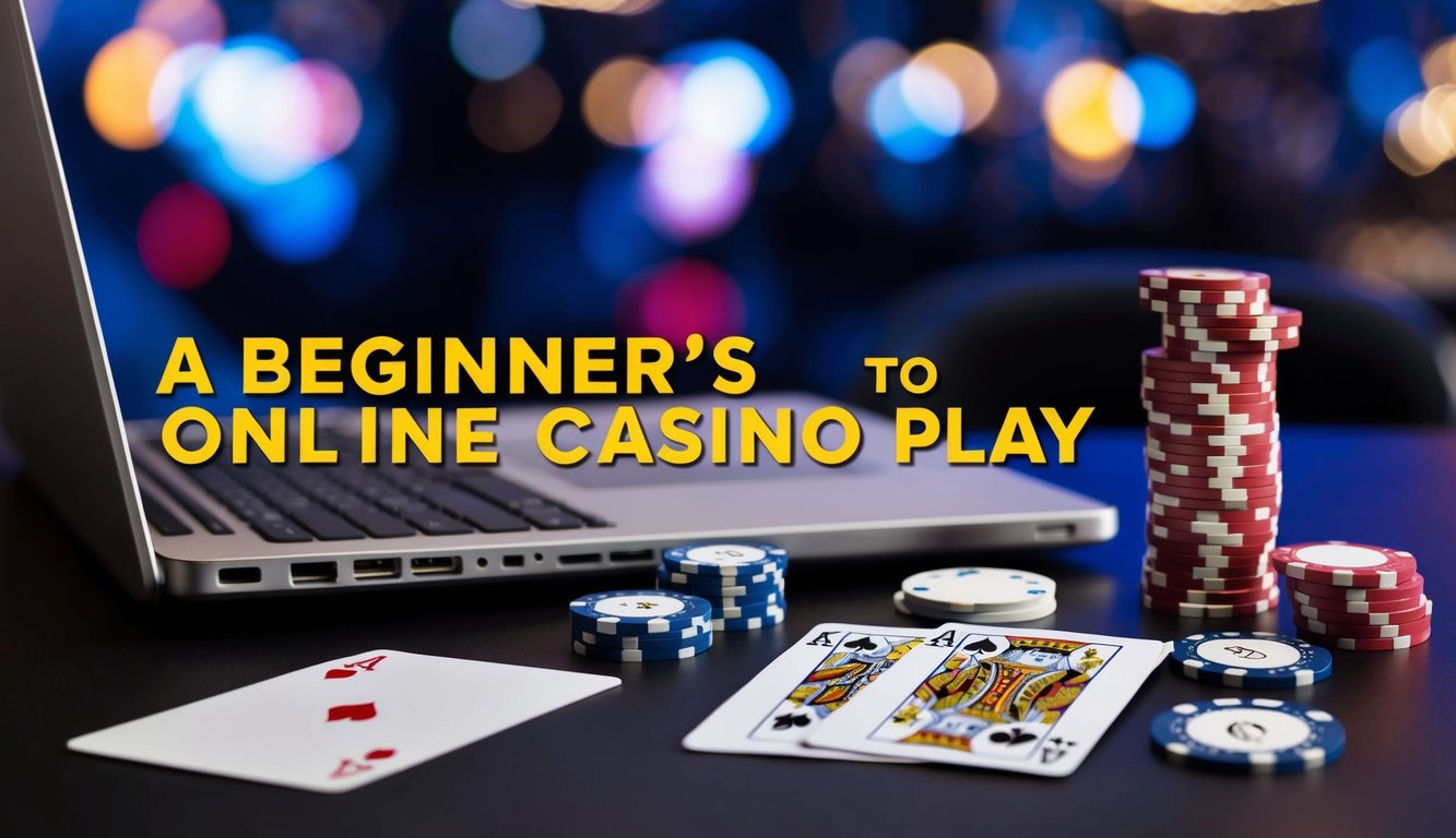 Panduan pemula untuk bermain kasino online, dengan laptop, dadu, kartu, dan setumpuk chip poker di atas meja