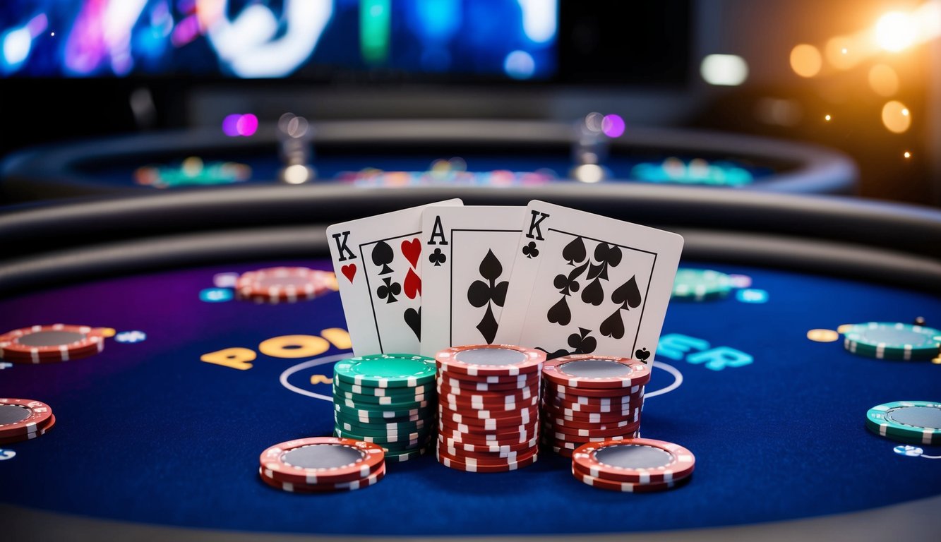 Sekelompok meja poker yang disiapkan di platform permainan online yang modern dan ramping, dengan warna-warna cerah dan grafik yang menarik.