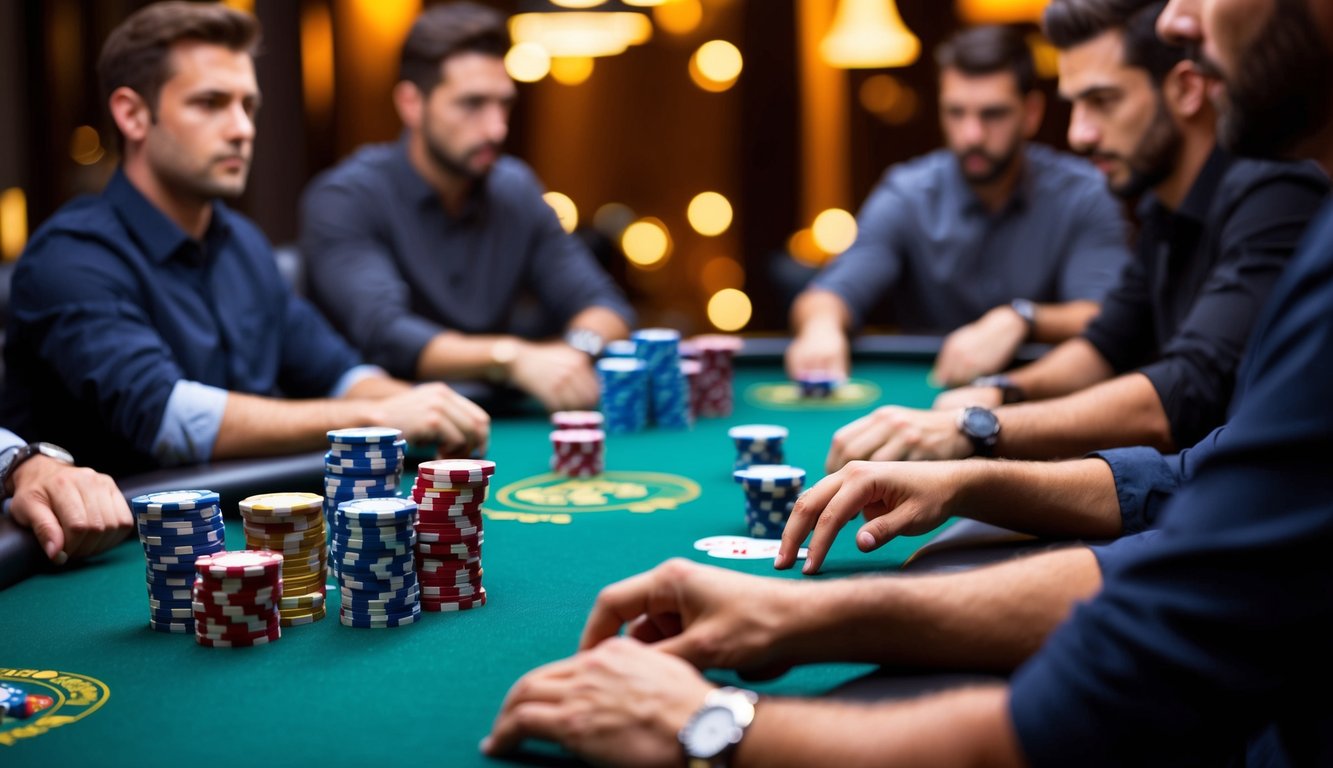 Sekelompok meja poker virtual, dengan pemain yang merencanakan strategi dan membuat langkah yang diperhitungkan dalam permainan online yang intens