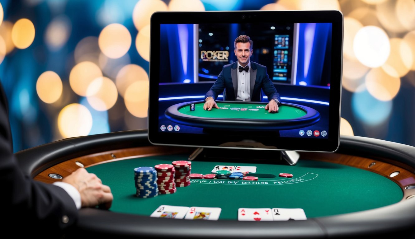 Meja poker virtual dengan dealer langsung di layar, dikelilingi oleh chip dan kartu virtual