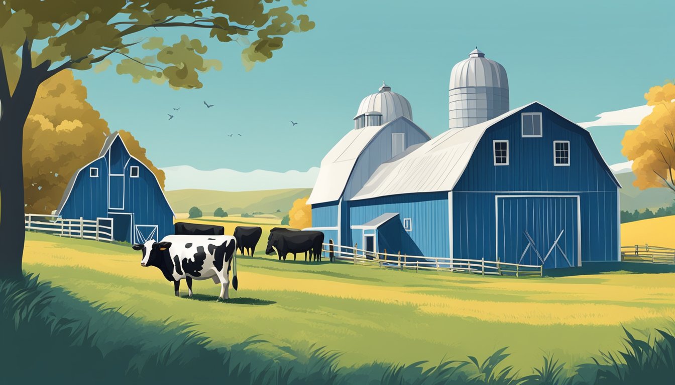 A serene countryside farm with a rustic blue barn and grazing cows, set against a backdrop of rolling hills and a clear blue sky