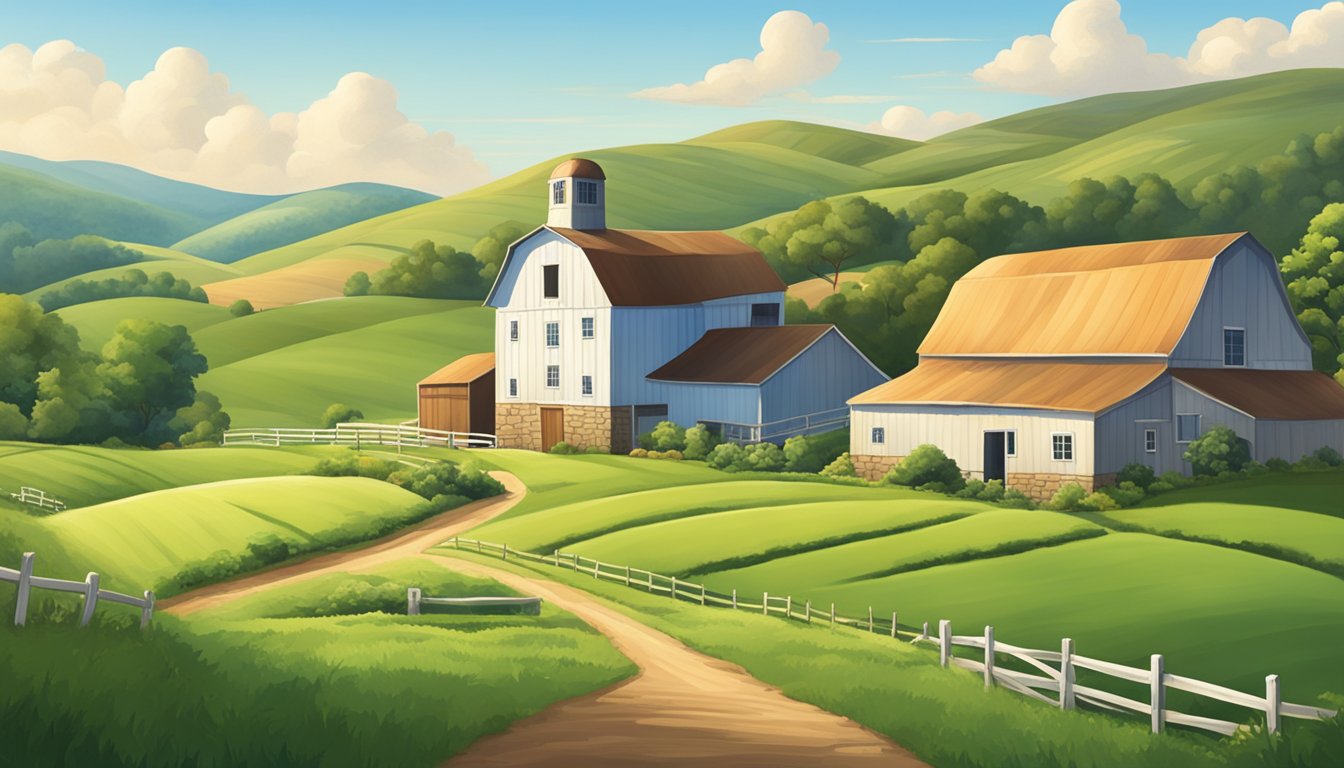 A serene farm scene with a blue sky, rolling green hills, and a quaint creamery building