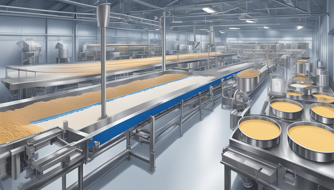 A large factory with conveyor belts, mixing vats, and packaging machines in operation, producing tubs of Blue Bell ice cream