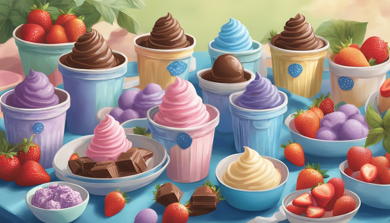 A colorful array of Blue Bell ice cream flavors arranged on a table, surrounded by whimsical illustrations of ingredients like strawberries and chocolate