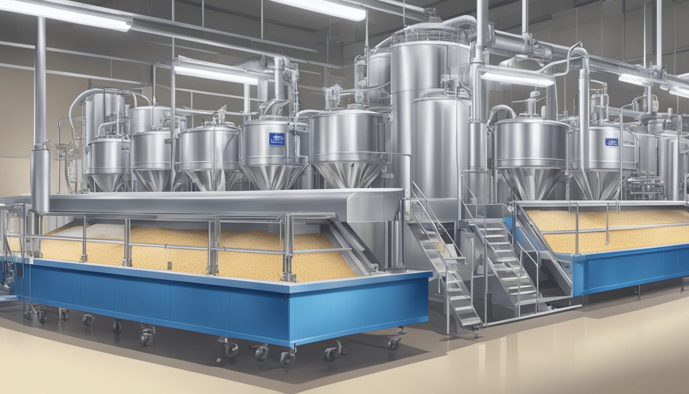 Machinery mixes, freezes, and packages blue bell ice cream in a large, sterile factory