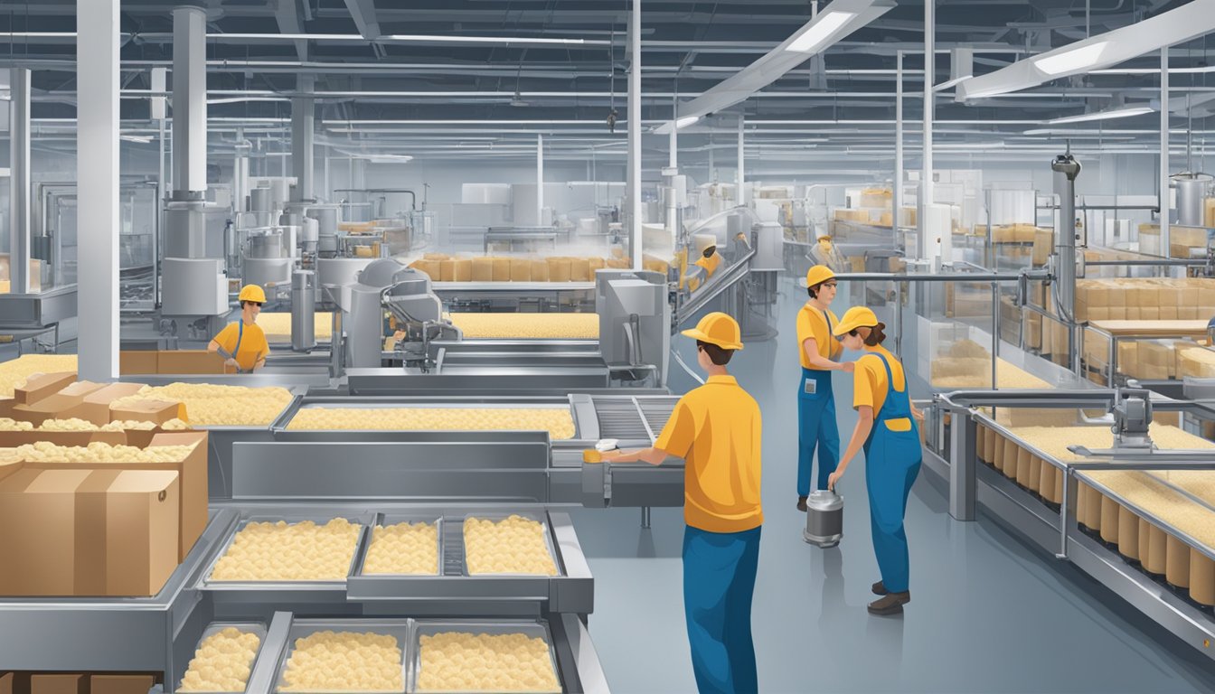 A bustling factory floor at Blue Bell Creameries LP, with workers operating machinery and packaging ice cream