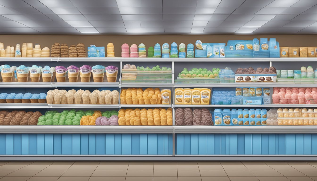 A colorful display of Blue Bell ice cream products in a grocery store freezer section