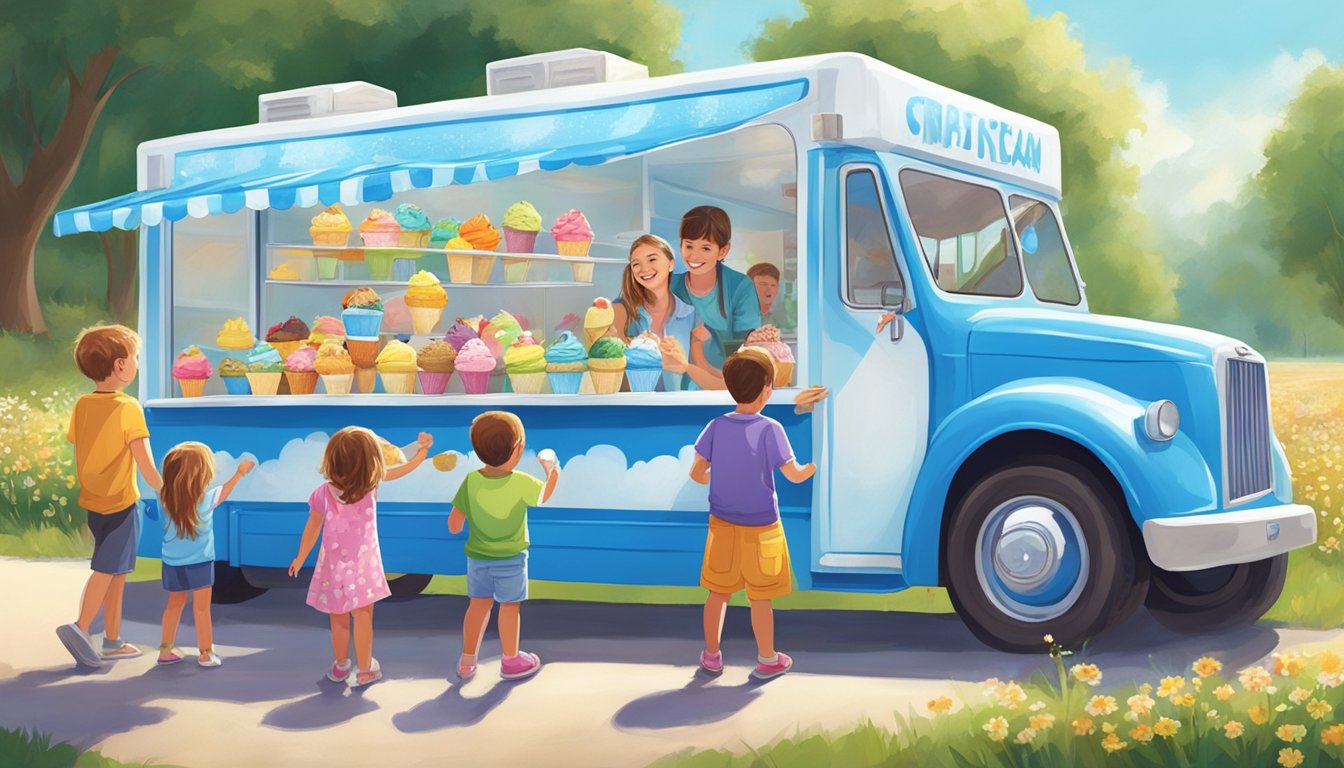 A bright blue and white ice cream truck parked in a sunny field, surrounded by happy children enjoying their frozen treats