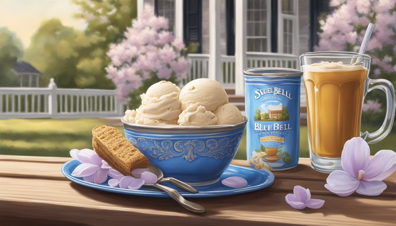 A scoop of Blue Bell ice cream sits on a front porch swing, surrounded by magnolia blossoms and a glass of sweet tea