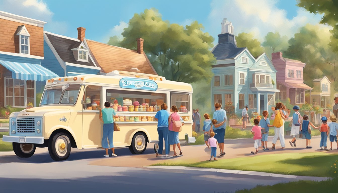 A sunny day at the Blue Bell Creameries tour, with a charming vintage ice cream truck and happy families enjoying sweet treats