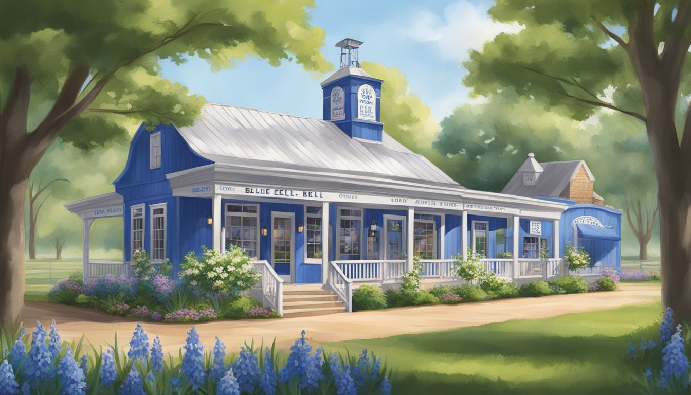 A sunny day at the Blue Bell Visitor Experience in Brenham, Texas. A charming creamery building with a blue bell logo, surrounded by lush greenery and blooming bluebells