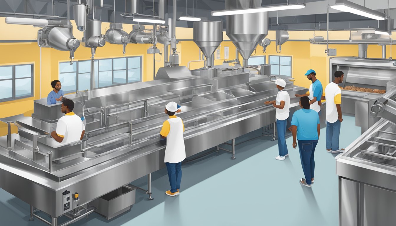 A group of visitors watches the production process at Blue Bell Creameries, surrounded by stainless steel equipment and the sweet aroma of freshly made ice cream