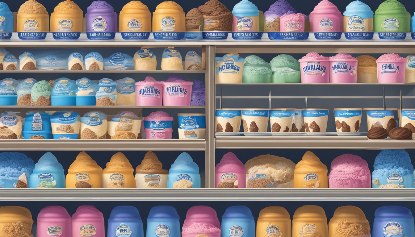 A colorful display of Blue Bell ice cream products and flavors at the creamery in Brenham, TX