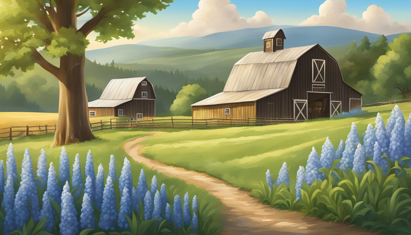 A sunny farm setting with a rustic barn and rolling hills, showcasing various Blue Bell ice cream products in a natural, wholesome environment