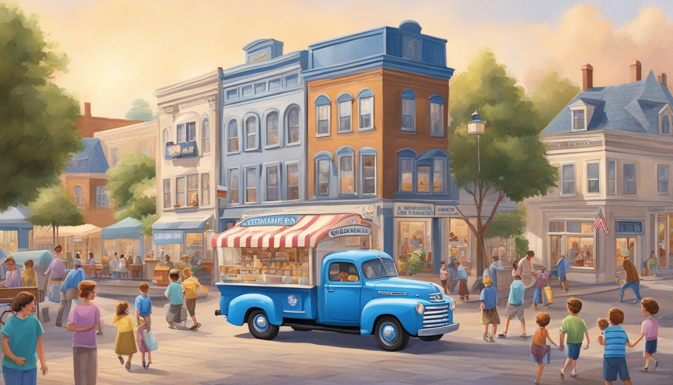 A bustling town square with a vintage Blue Bell Creameries truck surrounded by happy families enjoying ice cream cones