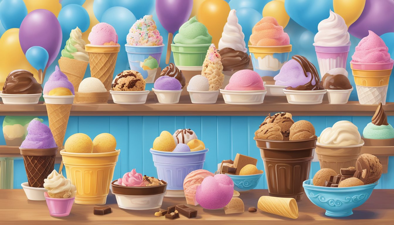 A colorful array of ice cream flavors and treats displayed in a vibrant and inviting setting at Blue Bell Creameries