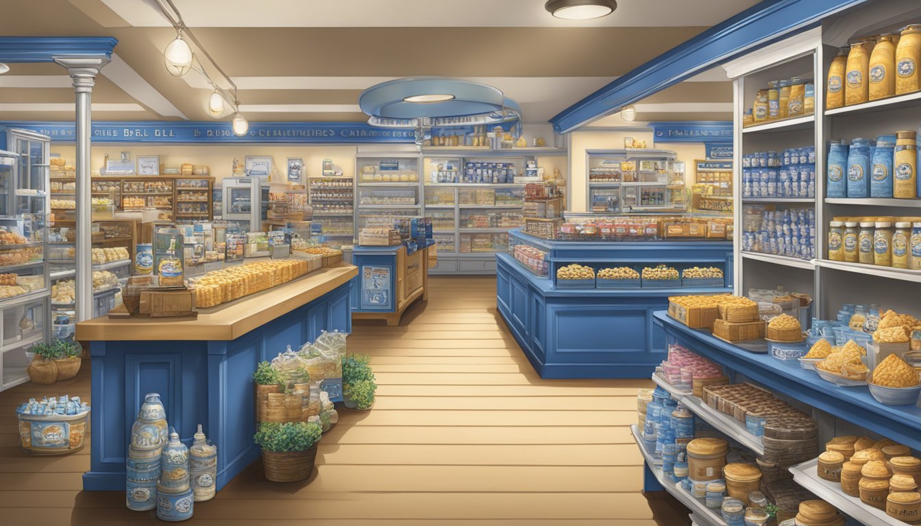 A bustling shop filled with Blue Bell Creameries merchandise and memorabilia, with colorful displays and iconic branding