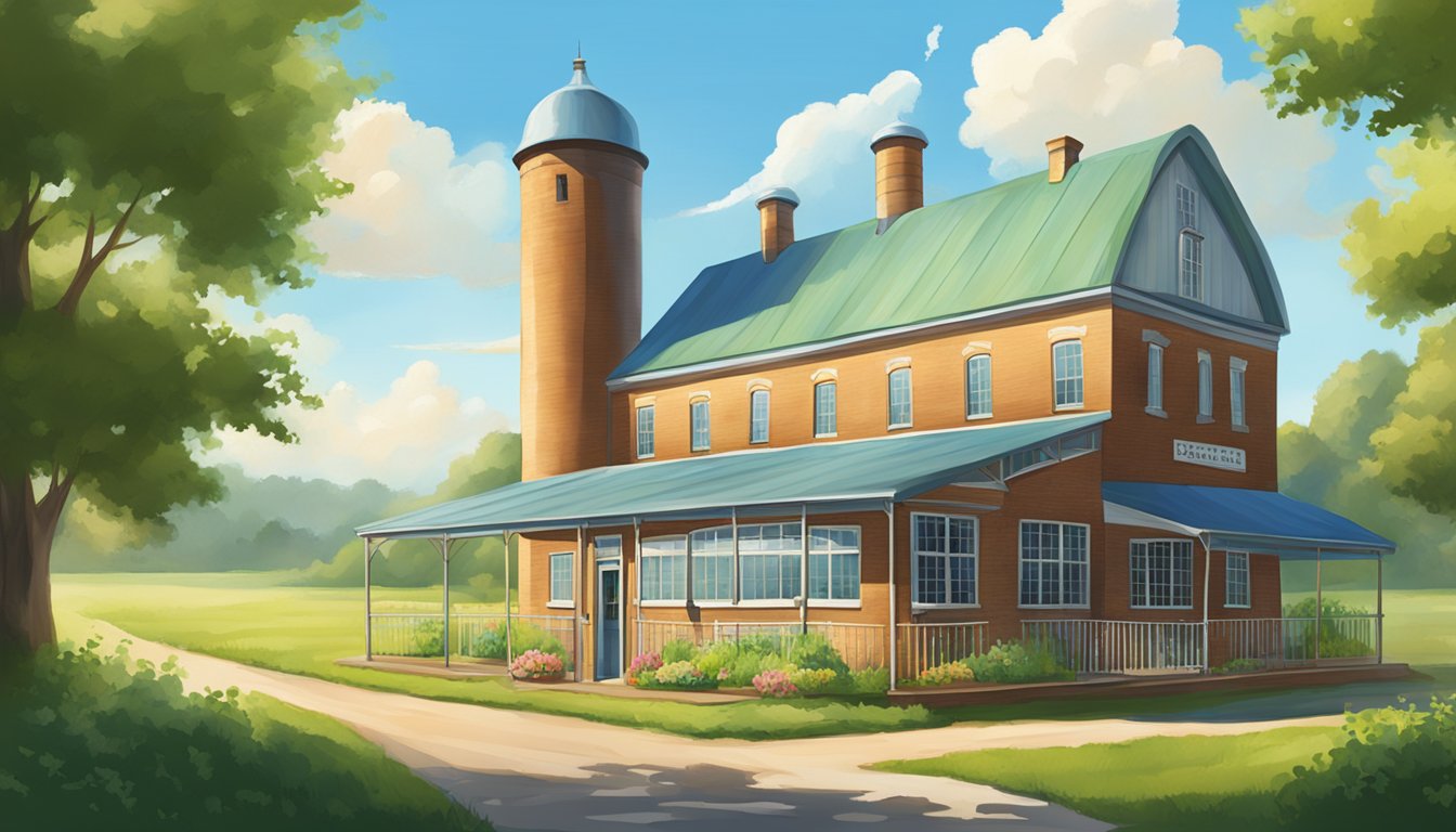 A sunny day at the Blue Bell Creameries, with a charming old-fashioned factory building, surrounded by lush green fields and a clear blue sky