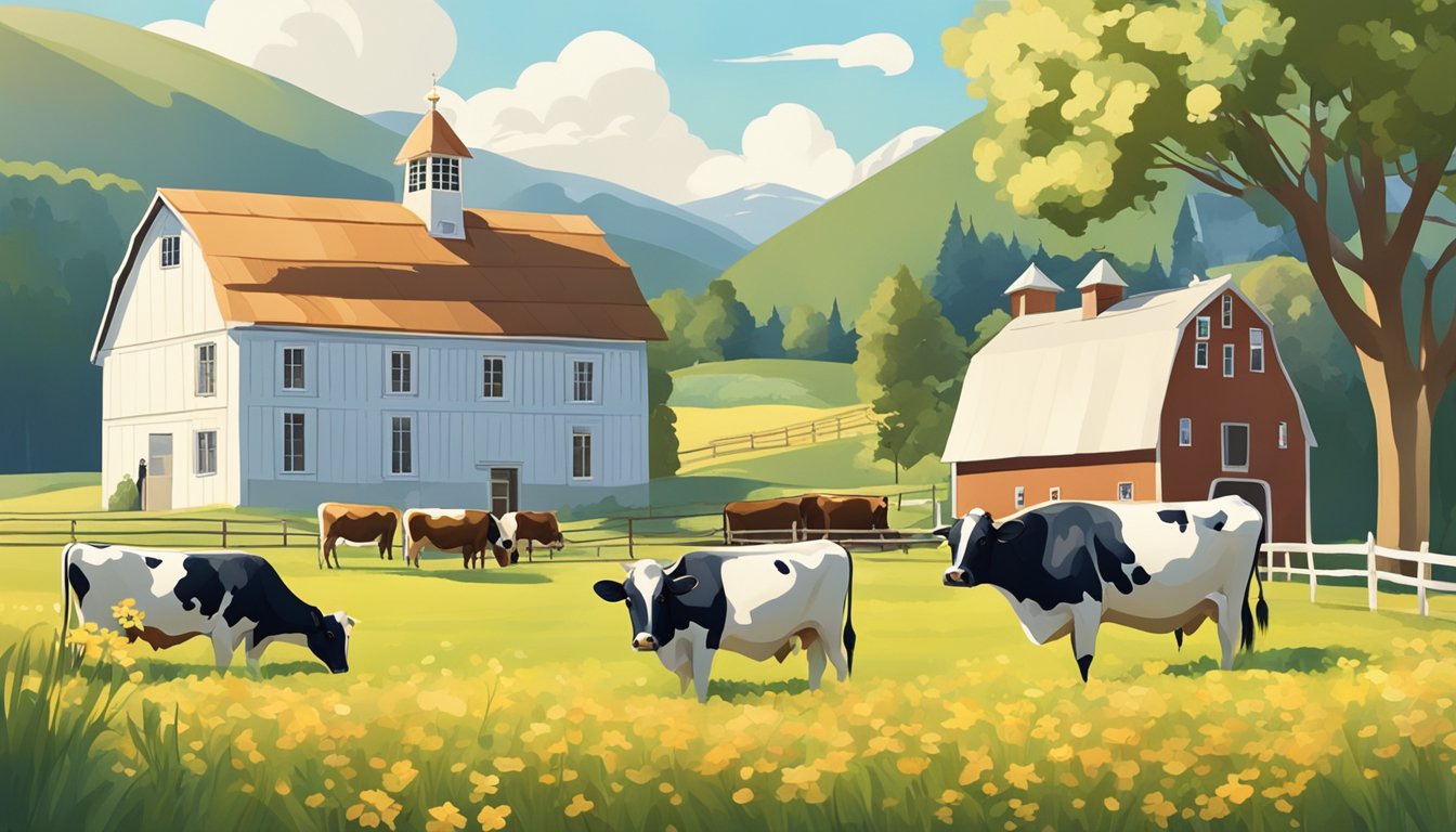 A sunny farm with grazing cows and a quaint creamery building in the background