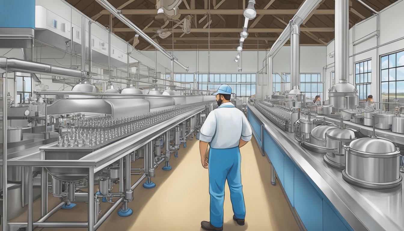 The blue bell creameries factory in Brenham, Texas, with workers overseeing the manufacturing and quality control processes of the ice cream production line