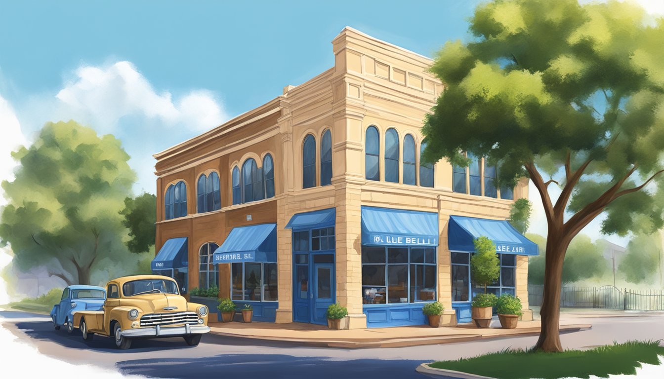 A sunny day in Brenham, Texas, with the iconic Blue Bell Creameries building nestled in a quaint community surrounded by greenery and a clear blue sky