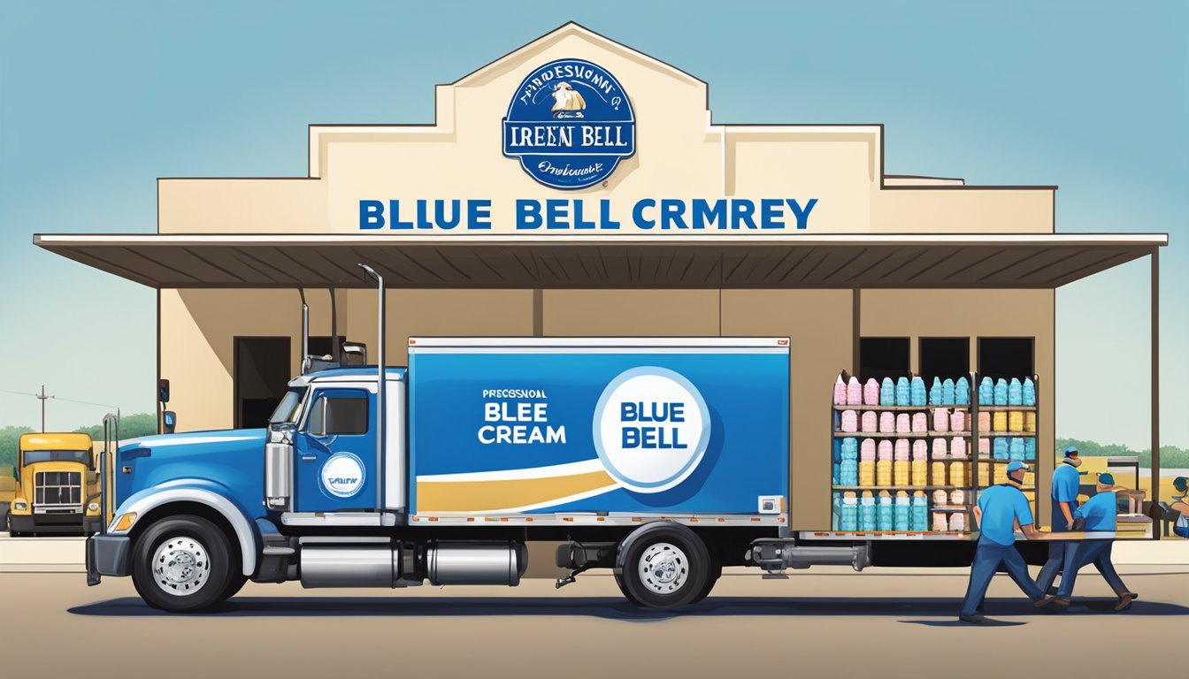 A blue bell creameries truck parked at a busy distribution center in Brenham, Texas, with workers loading and unloading crates of ice cream