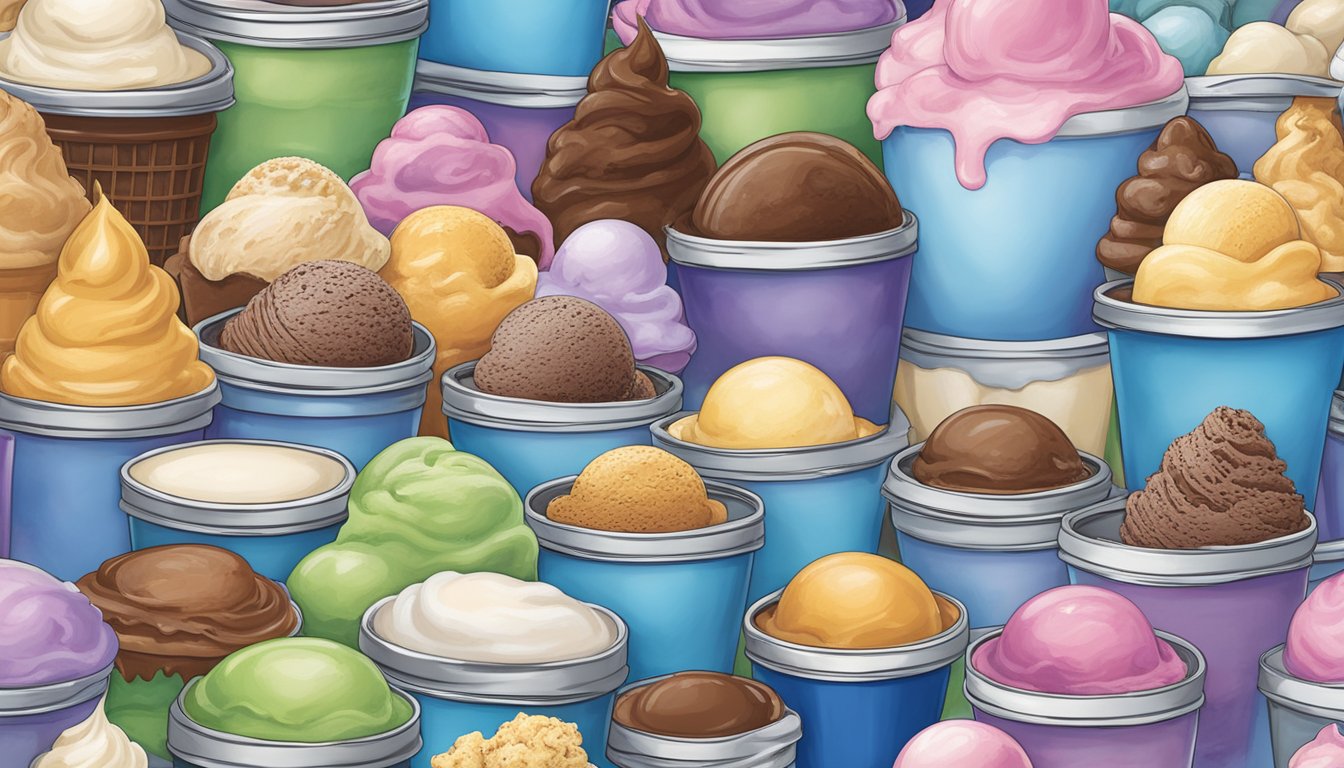 A colorful display of various ice cream flavors at Blue Bell Creameries in Brenham, TX