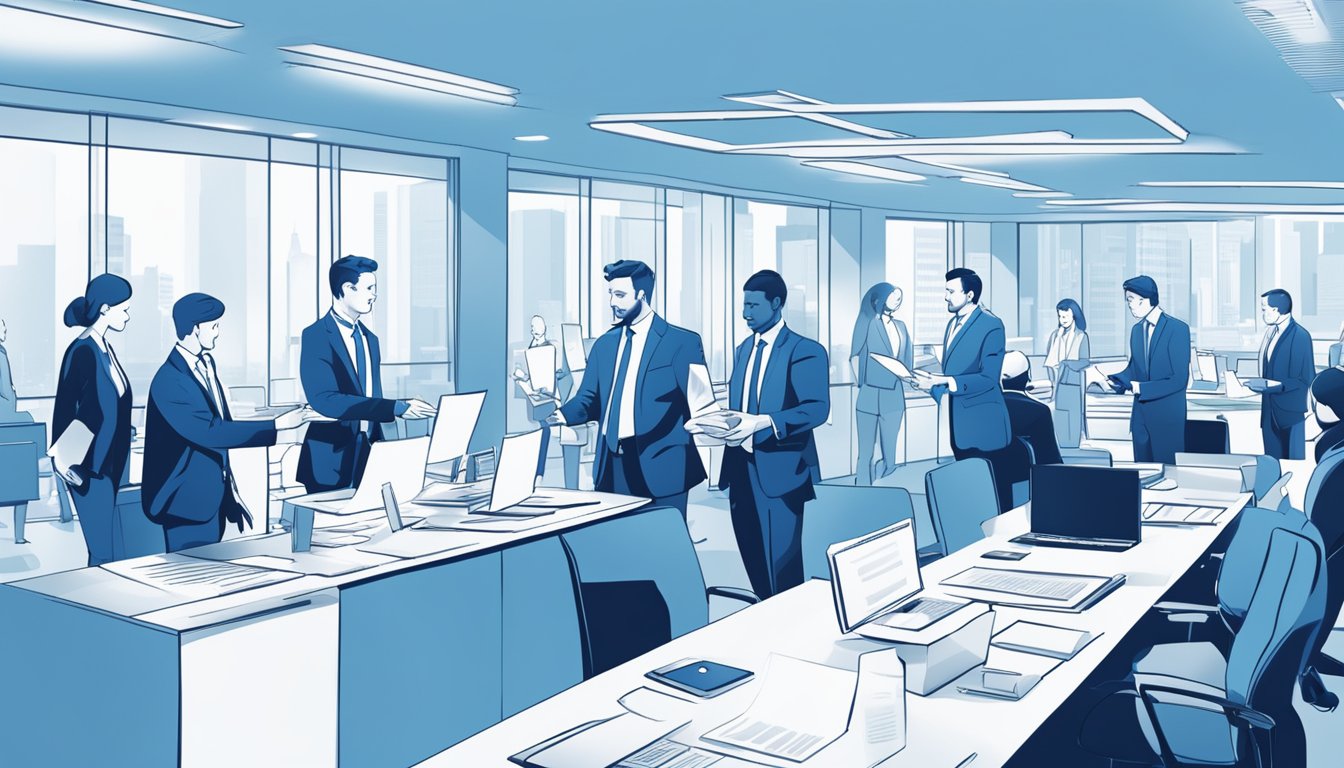 A bustling office with people in suits, shaking hands and exchanging documents. Bright blue and white decor with the company logo prominently displayed